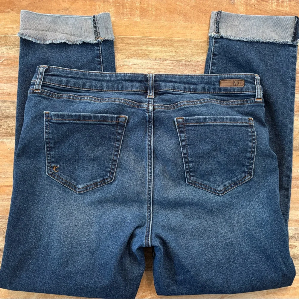 KUT from the Kloth Ankle Straight Leg Jeans Size 14 Dark Wash Cuffed Raw Hem